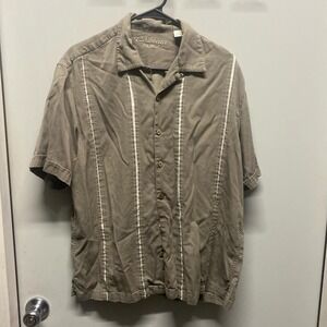 Caribbean Shirt Mens L Gray Stripe Silk Blend Short Sleeve Button Textured Beach